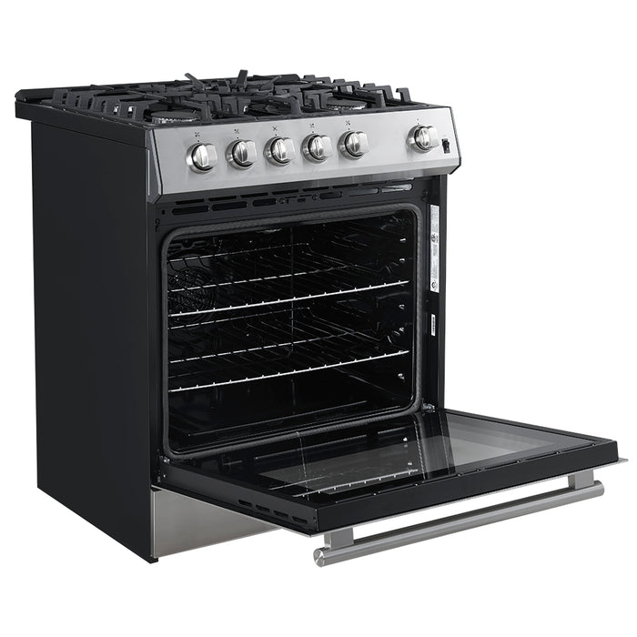 Forno Leonardo 30-Inch Stainless Steel Gas Range, 5 Sealed Burners (Totaling 68,000 BTU), 4.32 cu.ft. Convection Oven, Continuous Cast Iron Grates, Black Enamel Interior, Auto Re-Ignition, LP Conversion Kit Included