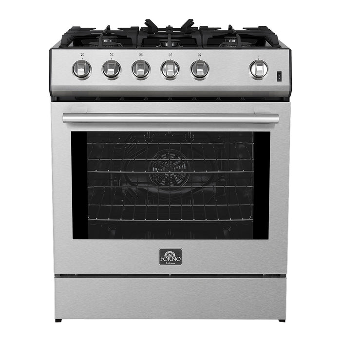 Forno Leonardo 30-Inch Stainless Steel Gas Range, 5 Sealed Burners (Totaling 68,000 BTU), 4.32 cu.ft. Convection Oven, Continuous Cast Iron Grates, Black Enamel Interior, Auto Re-Ignition, LP Conversion Kit Included