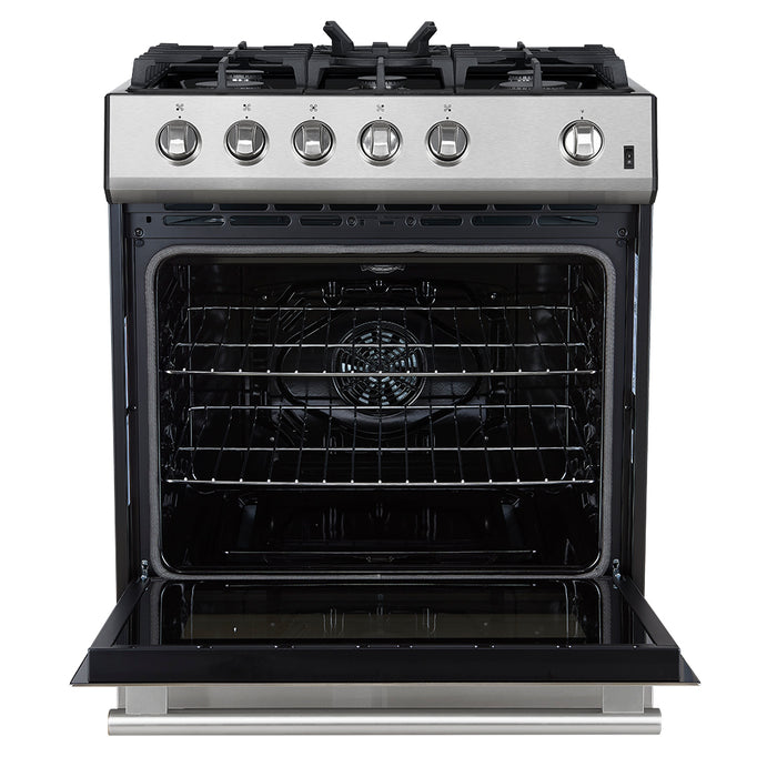 Forno Leonardo 30-Inch Stainless Steel Gas Range, 5 Sealed Burners (Totaling 68,000 BTU), 4.32 cu.ft. Convection Oven, Continuous Cast Iron Grates, Black Enamel Interior, Auto Re-Ignition, LP Conversion Kit Included