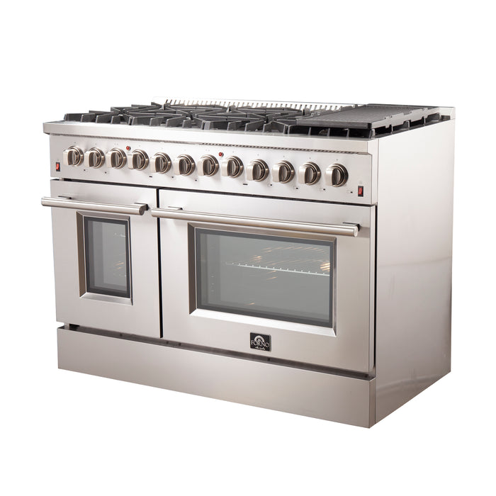 FORNO Premium 3-Piece Kitchen Bundle - FORNO Galiano 48" Freestanding Dual Fuel Range, FORNO Maderno 60" 2-Piece Convertible Refrigerator/Freezer Built-In with Decorative Grill Trim, 27.2 cu.ft., FORNO Orvieto 48" Wall Mount Range Hood - FBDL-017-04CAUS