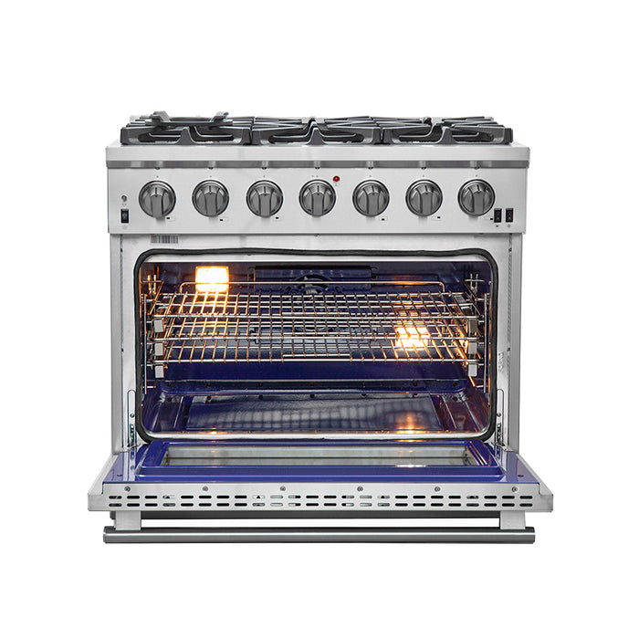 Forno Capriasca 36-Inch Gas Range, Stainless Steel, 6 Brass Burners, 120,000 BTU, Convection Oven, Energy Efficient