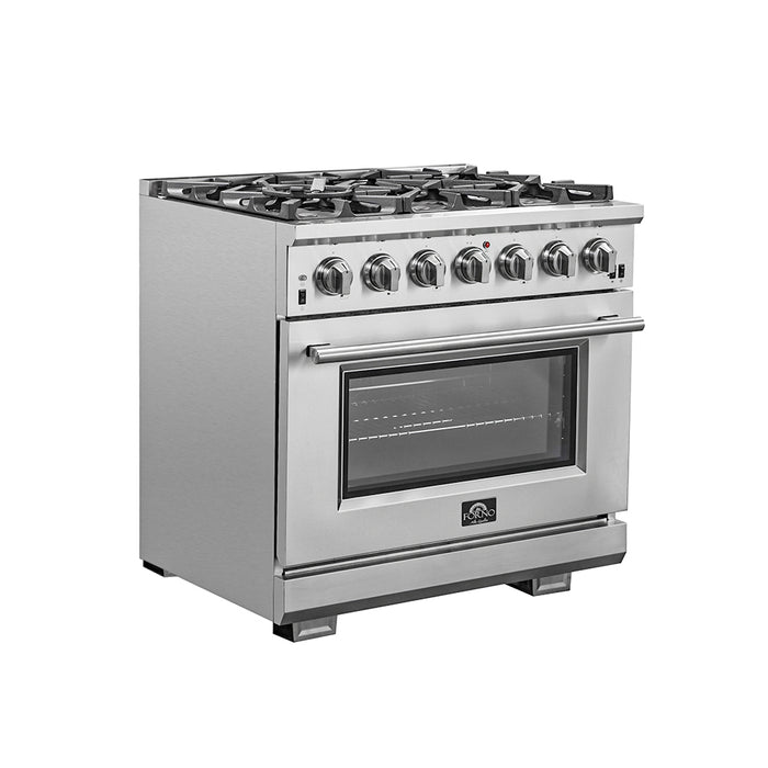 Forno Capriasca 36-Inch Gas Range, Stainless Steel, 6 Brass Burners, 120,000 BTU, Convection Oven, Energy Efficient