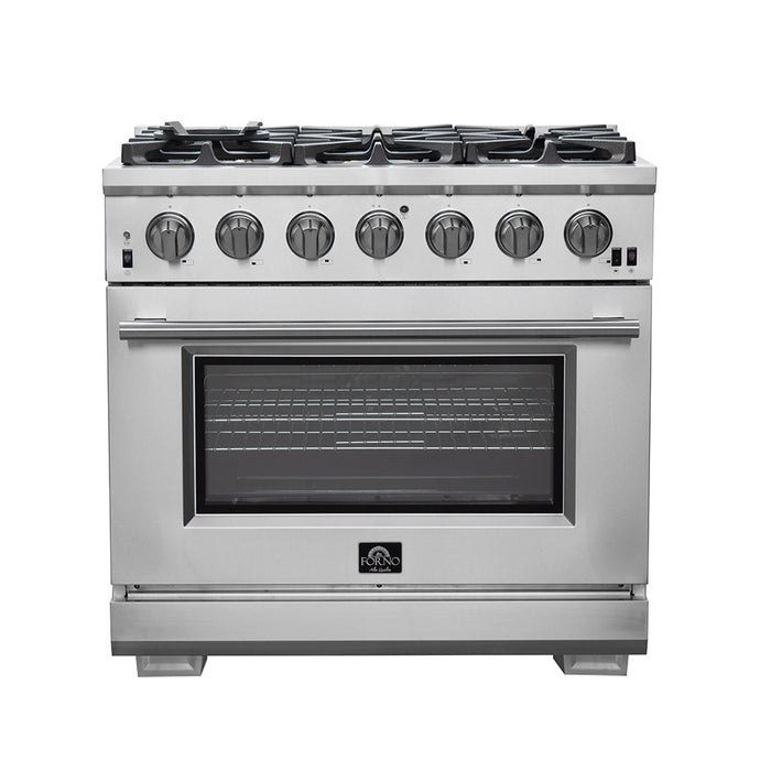 Forno Capriasca 36-Inch Gas Range, Stainless Steel, 6 Brass Burners, 120,000 BTU, Convection Oven, Energy Efficient