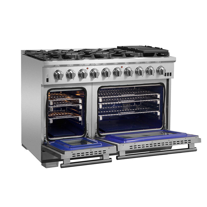 FORNO Capriasca 48-inch Gas Range Stainless Steel, 8 Brass Burners 160,000 BTU, 6.58 cu.ft. Double Oven