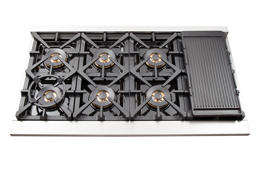 FORNO Premium 3-Piece Kitchen Bundle - FORNO Capriasca 48" Freestanding Gas Range, FORNO Maderno 60" 2-Piece Convertible Refrigerator/Freezer Built-In with Decorative Grill Trim, 27.2 cu.ft., FORNO Orvieto 48" Wall Mount Range Hood - FBDL-019-07CAUS