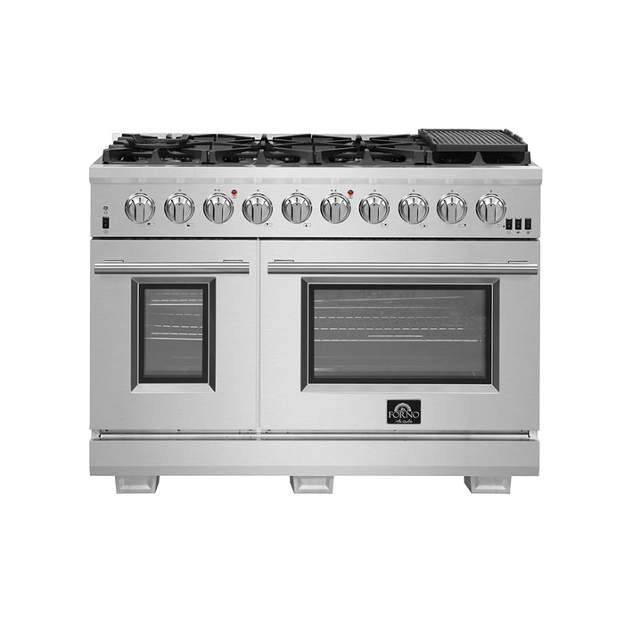 FORNO Capriasca 48-inch Gas Range Stainless Steel, 8 Brass Burners 160,000 BTU, 6.58 cu.ft. Double Oven