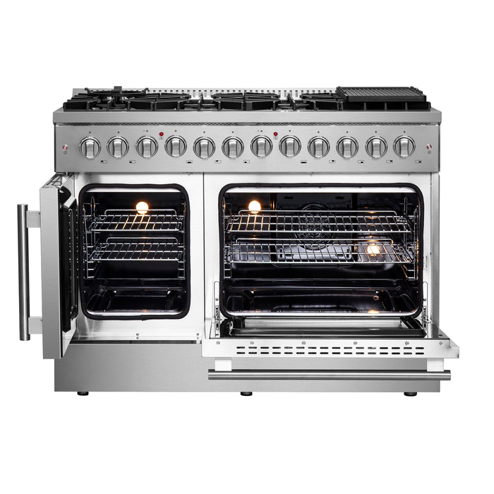 FORNO Galiano 48-Inch French Door Dual Fuel Range All Stainless Steel, 8 Sealed Burners, 107,000 BTU, Griddle, 6.58 cu.ft. Double Ovens
