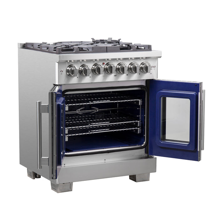 Forno Capriasca 30-Inch Freestanding French Door Dual Fuel Range, 4 Burners, True Convection Oven