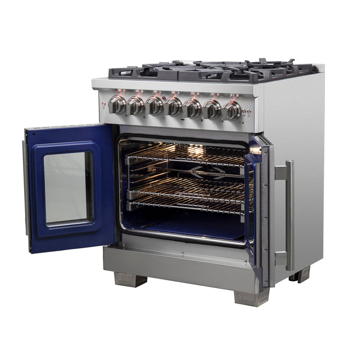 Forno Capriasca 30-Inch Freestanding French Door Dual Fuel Range, 4 Burners, True Convection Oven