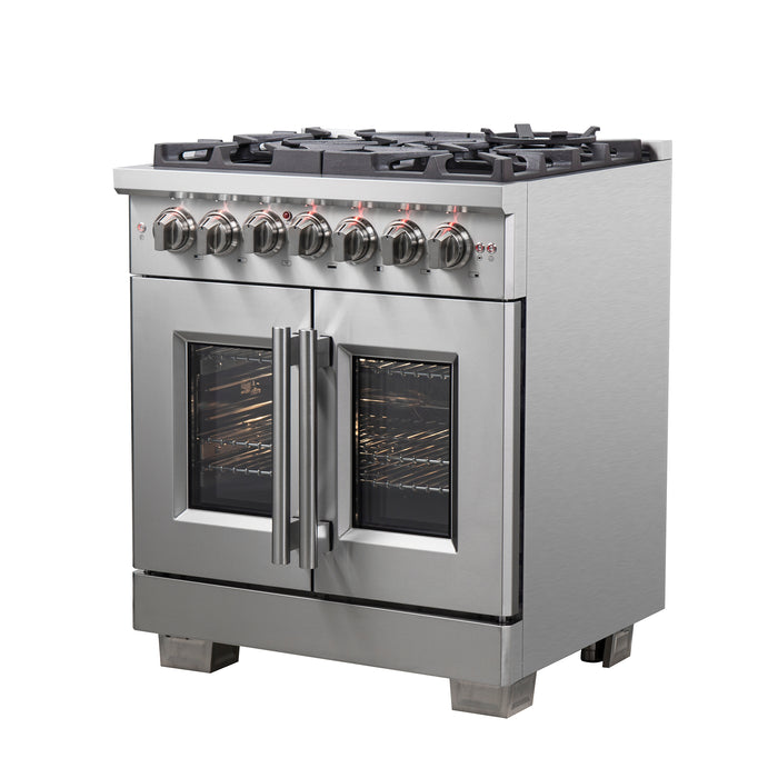 Forno Capriasca 30-Inch Freestanding French Door Dual Fuel Range, 4 Burners, True Convection Oven