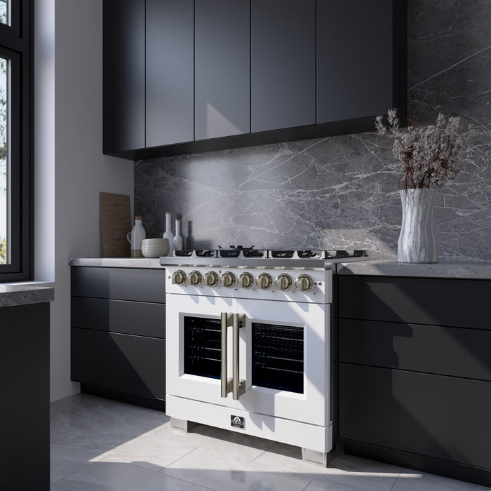 Forno Capriasca 36 Inch Freestanding French Door Dual Fuel Range in White with Antique Brass Accessories, 6 Burners, True Convection Oven