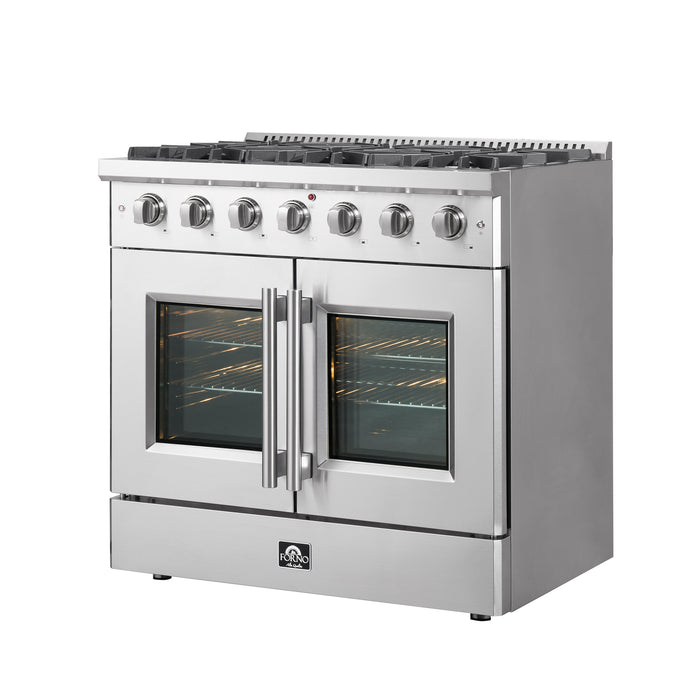 Forno Galiano 36-Inch Freestanding French Door Gas Range, 6 Burners, Convection Oven, Energy Efficient