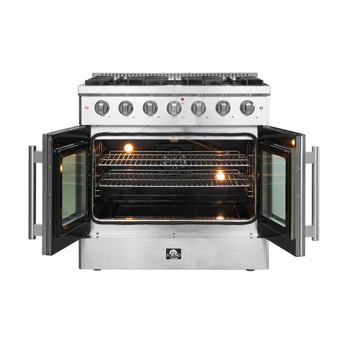 Forno Galiano 36-Inch Freestanding French Door Gas Range, 6 Burners, Convection Oven, Energy Efficient