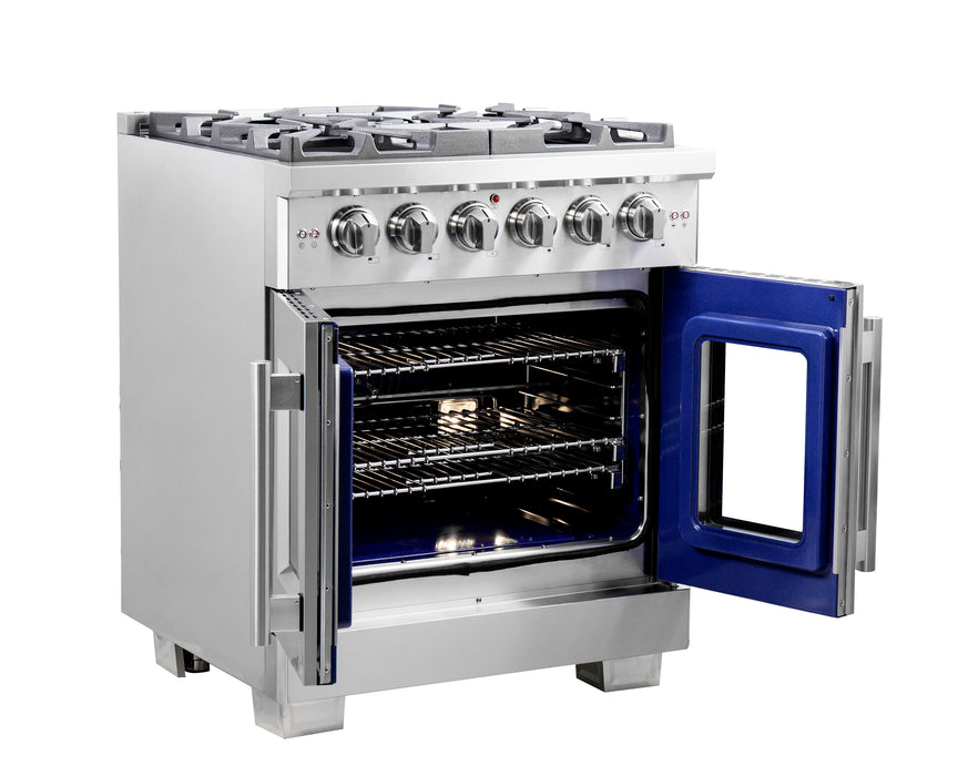 Forno Capriasca 30-Inch Freestanding French Door Gas Range, 4 Burners, Convection Oven, Energy Efficient