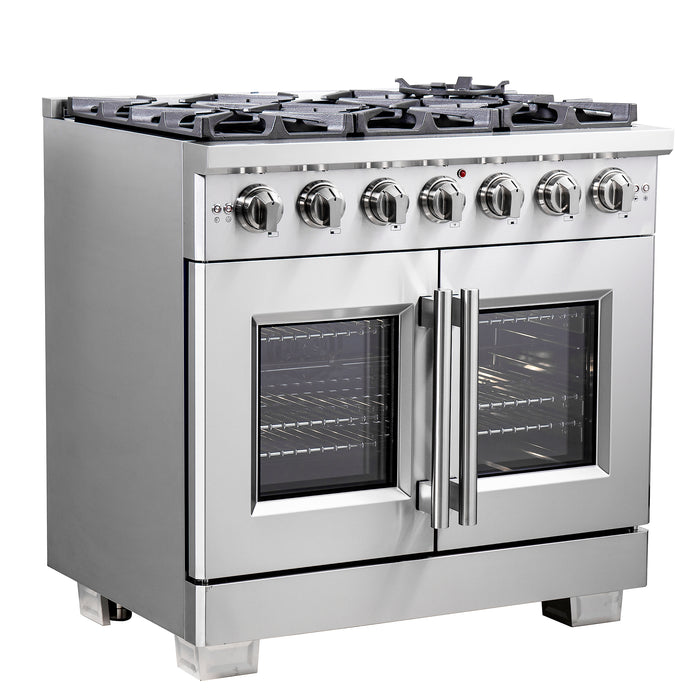 Forno Capriasca 36-Inch Freestanding French Door Gas Range, 6 Burners, Convection Oven, Energy Efficient