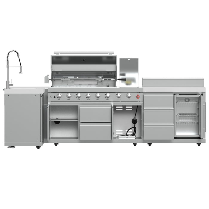 FORNO Bulnes 40-Inch BBQ, 95,000 BTU, 5 Burners, Sear & Rotisserie Infrared with Side Burner, Stainless Steel Outdoor Kitchen with 1.8 cu.ft. Beverage Center & White Sintered Stone Countertops