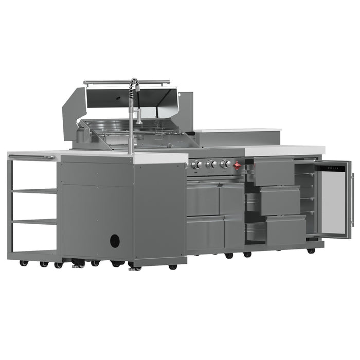 FORNO Bulnes 40-Inch BBQ, 95,000 BTU, 5 Burners, Sear & Rotisserie Infrared with Side Burner, Stainless Steel Outdoor Kitchen with 1.8 cu.ft. Beverage Center & White Sintered Stone Countertops