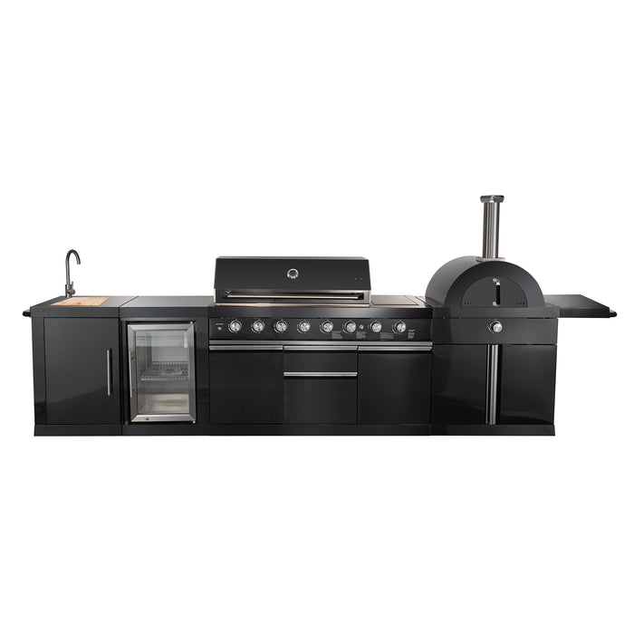 Forno All’Aperto 87,600 BTU Outdoor Kitchen, 4 Burners, Infrared Burners, Side Burner, Black Sintered Stone Countertops, Gas Pizza Oven, Sink Module, Bar & Beverage Center