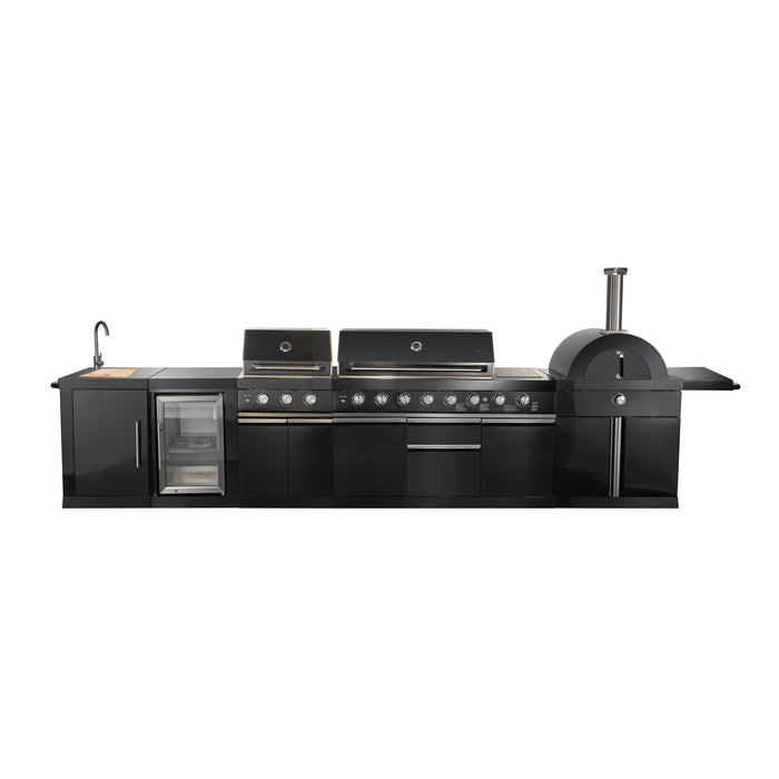 Forno All’Aperto 99,600 BTU Outdoor Kitchen, 5 Burners, Infrared Burners, Side Burner, Black Sintered Stone Countertops, Gas Pizza Oven, Sink Module, Bar & Beverage Center