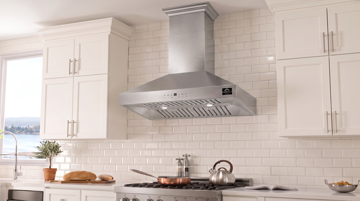 Forno Coppito 30-Inch Island Range Hood, Stainless Steel, LED Lighting, Adjustable Fan Speeds