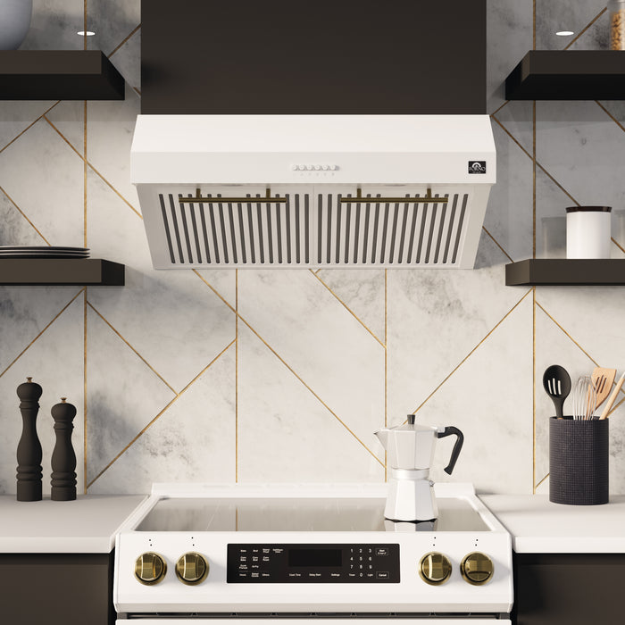 FORNO Premium 2-Piece Kitchen Bundle - Leonardo Espresso 30" White Range, 30" White Range Hood