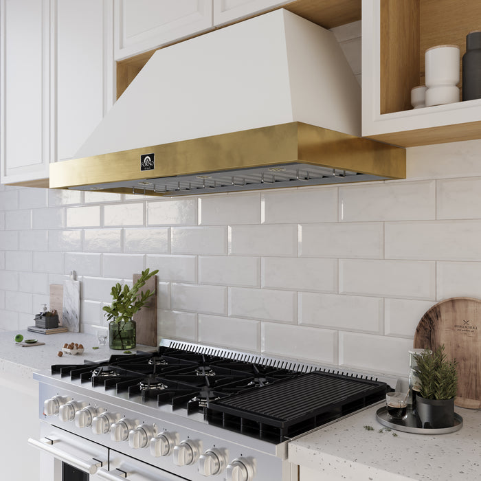 Forno Vittorio 48-Inch Wall Mount Range Hood, White with Antique Brass Trim, 600 CFM Airflow, Dishwasher-Safe Baffle Filters, Remote Control, 3-Speed Fan, Bright LED Lighting