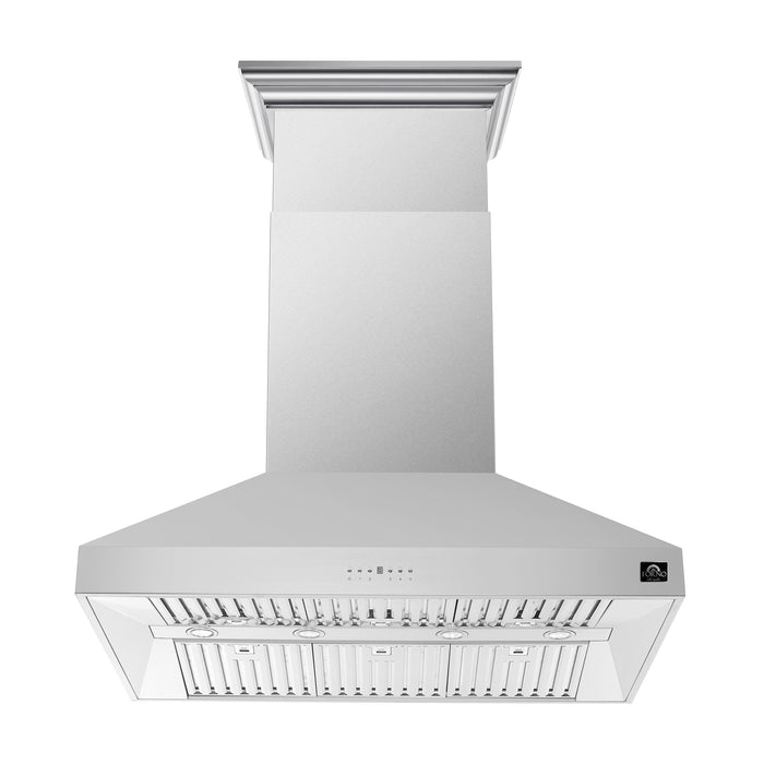 FORNO Premium 3-Piece Kitchen Bundle - FORNO Galiano 48" Freestanding Dual Fuel Range, FORNO Maderno 60" 2-Piece Convertible Refrigerator/Freezer Built-In with Decorative Grill Trim, 27.2 cu.ft., FORNO Orvieto 48" Wall Mount Range Hood - FBDL-017-04CAUS