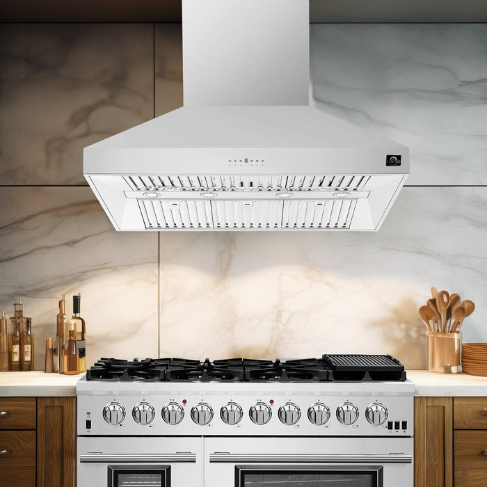 FORNO Premium 3-Piece Kitchen Bundle - FORNO Galiano 48" Freestanding Dual Fuel Range, FORNO Maderno 60" 2-Piece Convertible Refrigerator/Freezer Built-In with Decorative Grill Trim, 27.2 cu.ft., FORNO Orvieto 48" Wall Mount Range Hood - FBDL-017-04CAUS