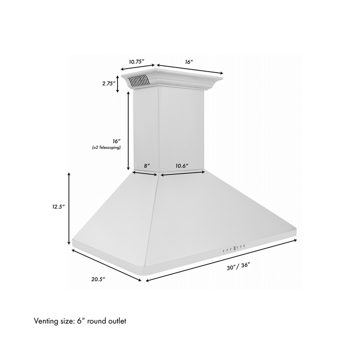 ZLINE 30 in. Wall Mount Range Hood in Stainless Steel with Built-in CrownSound™ Bluetooth Speakers, KF1CRN-BT-30