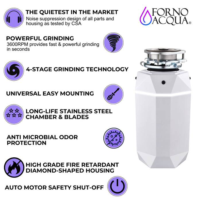 FORNO ACQUA BrightDIAMOND Moonstone 1HP Super Quiet Garbage Disposal Corded with Motion Sensor Cabinet Light & Pre-Wired Air Switch