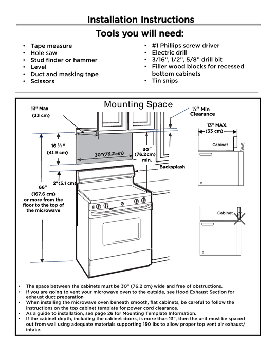 GMOS1964AF official installation guide — 13-inch cabinet depth and top vent clearance proof