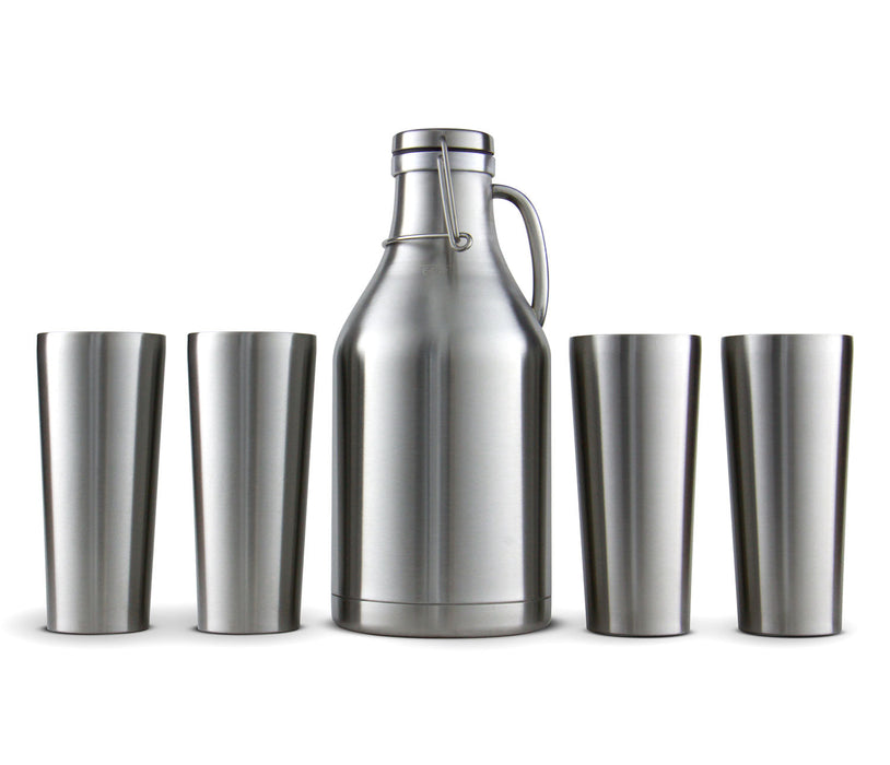 64-oz. Stainless Steel Beer Growler with 4 16-oz. Stainless Steel Pint Glasses