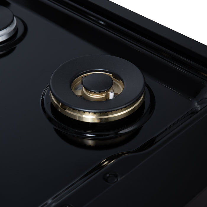 Valente 36" Gas Cooktop in Black, 6 Sealed burners, 71,000 BUT Output, 1 Antique Brass Dual-Ring Burner, Continuous Cast Iron Grates