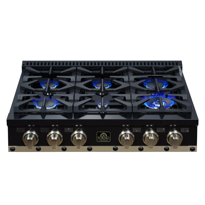 Valente 36" Gas Cooktop in Black, 6 Sealed burners, 71,000 BUT Output, 1 Antique Brass Dual-Ring Burner, Continuous Cast Iron Grates