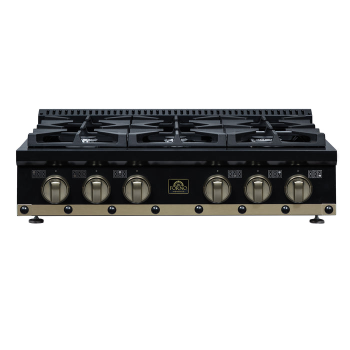 Valente 36" Gas Cooktop in Black, 6 Sealed burners, 71,000 BUT Output, 1 Antique Brass Dual-Ring Burner, Continuous Cast Iron Grates