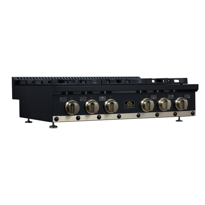 Valente 36" Gas Cooktop in Black, 6 Sealed burners, 71,000 BUT Output, 1 Antique Brass Dual-Ring Burner, Continuous Cast Iron Grates