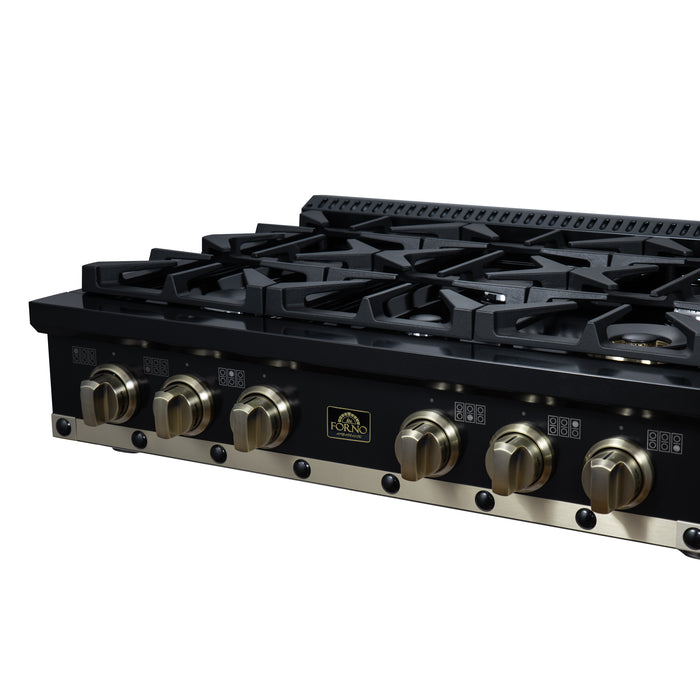Valente 36" Gas Cooktop in Black, 6 Sealed burners, 71,000 BUT Output, 1 Antique Brass Dual-Ring Burner, Continuous Cast Iron Grates