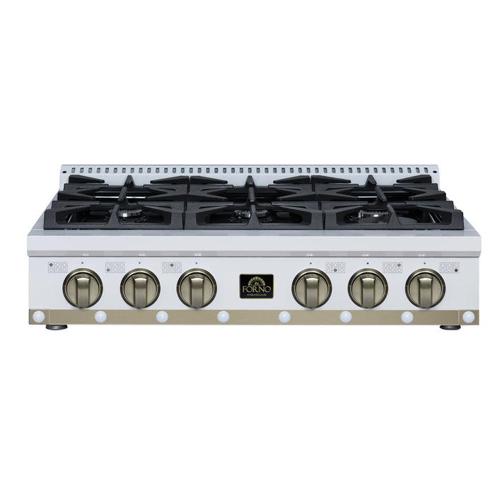 Valente 36" Gas Cooktop in White, 6 Sealed burners, 71,000 BUT Output, 1 Antique Brass Dual-Ring Burner, Continuous Cast Iron Grates