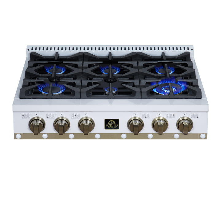 Valente 36" Gas Cooktop in White, 6 Sealed burners, 71,000 BUT Output, 1 Antique Brass Dual-Ring Burner, Continuous Cast Iron Grates