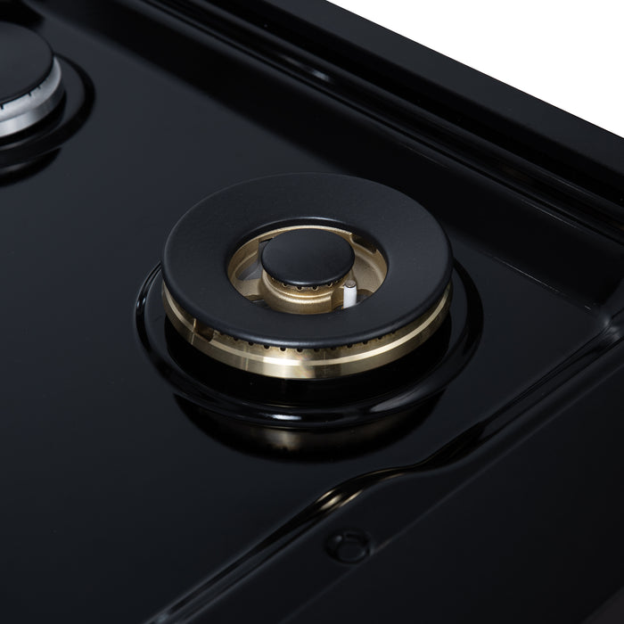 Valente 48" Gas Cooktop in Black, 8 Sealed burners, 94,000 BUT Output, 2 Antique Brass Dual-Ring Burners, Continuous Cast Iron Grates