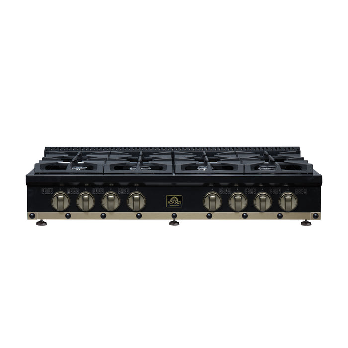 Valente 48" Gas Cooktop in Black, 8 Sealed burners, 94,000 BUT Output, 2 Antique Brass Dual-Ring Burners, Continuous Cast Iron Grates