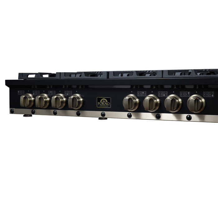 Valente 48" Gas Cooktop in Black, 8 Sealed burners, 94,000 BUT Output, 2 Antique Brass Dual-Ring Burners, Continuous Cast Iron Grates