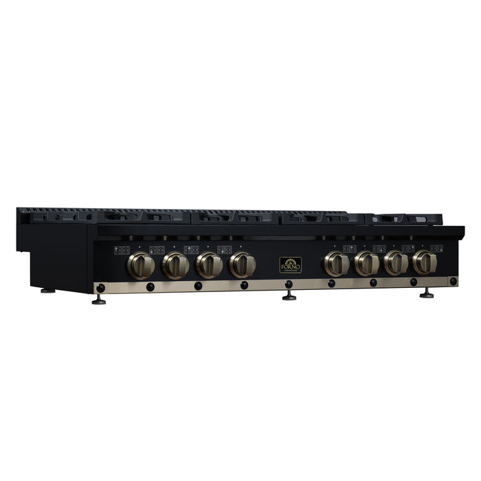Valente 48" Gas Cooktop in Black, 8 Sealed burners, 94,000 BUT Output, 2 Antique Brass Dual-Ring Burners, Continuous Cast Iron Grates