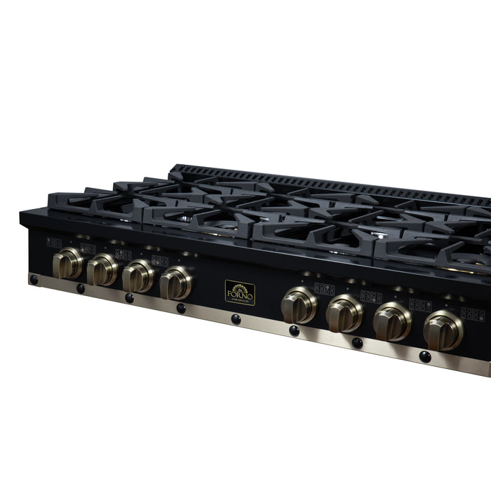 Valente 48" Gas Cooktop in Black, 8 Sealed burners, 94,000 BUT Output, 2 Antique Brass Dual-Ring Burners, Continuous Cast Iron Grates
