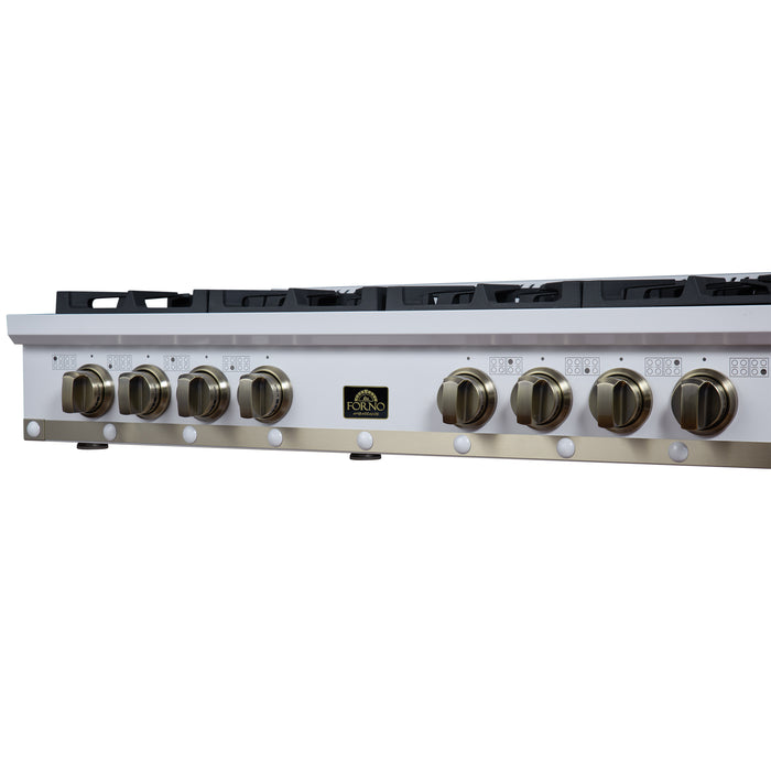 Valente 48" Gas Cooktop in White, 8 Sealed burners, 94,000 BUT Output, 2 Antique Brass Dual-Ring Burners, Continuous Cast Iron Grates
