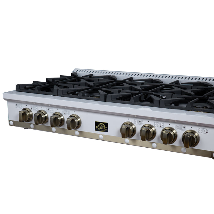 Valente 48" Gas Cooktop in White, 8 Sealed burners, 94,000 BUT Output, 2 Antique Brass Dual-Ring Burners, Continuous Cast Iron Grates