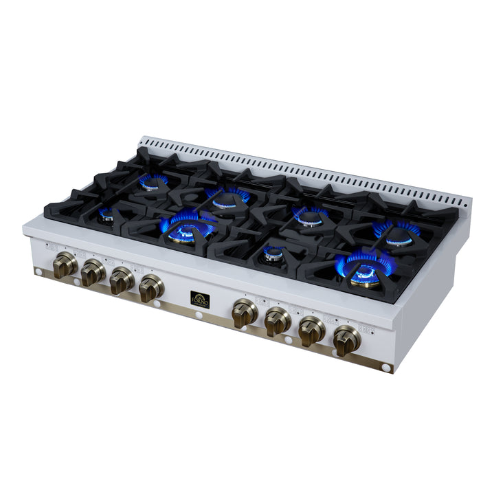 Valente 48" Gas Cooktop in White, 8 Sealed burners, 94,000 BUT Output, 2 Antique Brass Dual-Ring Burners, Continuous Cast Iron Grates