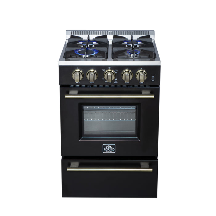 Forno Breno 24 Inch Freestanding Gas Range in Black with Antique Brass, Compact Design