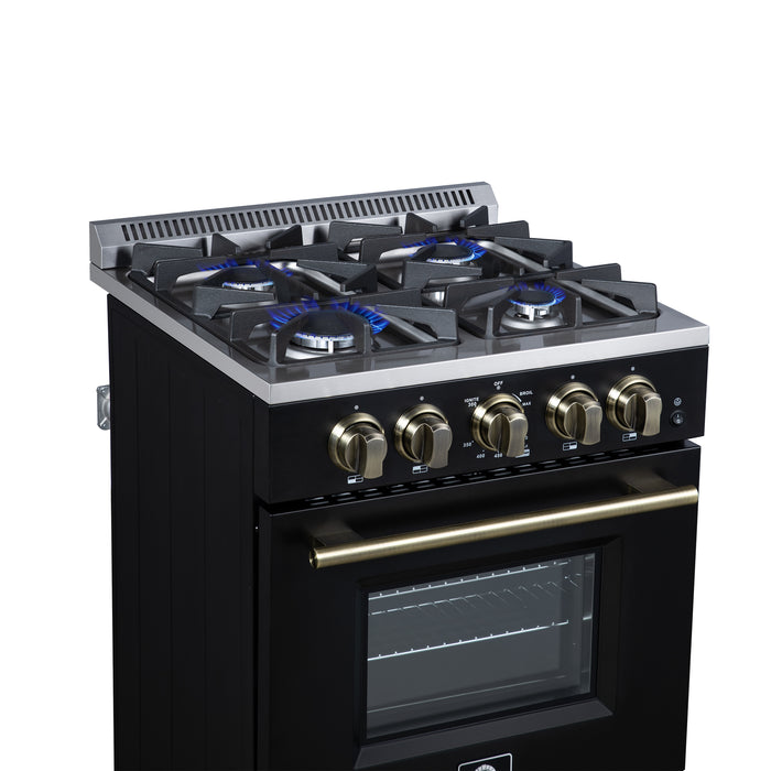 Forno Breno 24 Inch Freestanding Gas Range in Black with Antique Brass, Compact Design