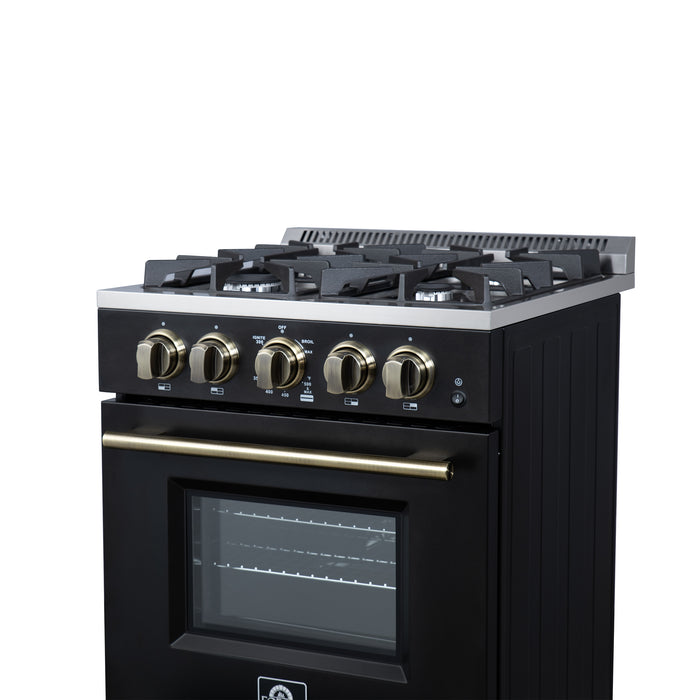 Forno Breno 24 Inch Freestanding Gas Range in Black with Antique Brass, Compact Design